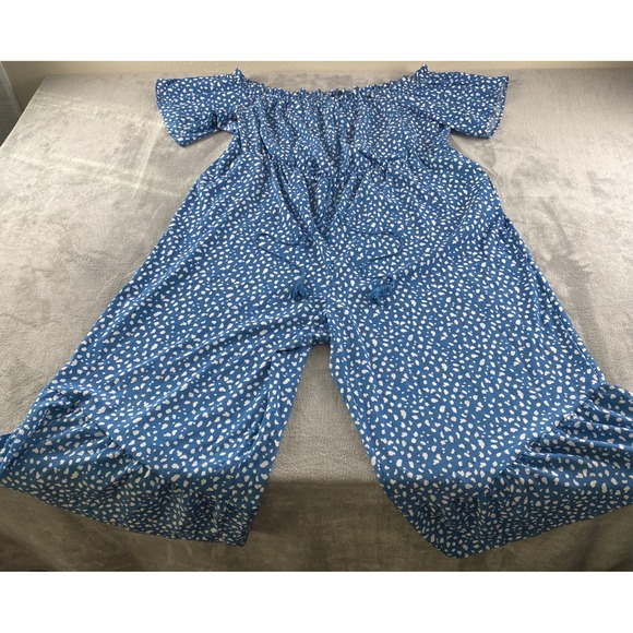 BloomChic Pants - BloomChic Blue Dalmatian Spot Off Shoulder Ruffle Hem Jumpsuit Plus Size 28